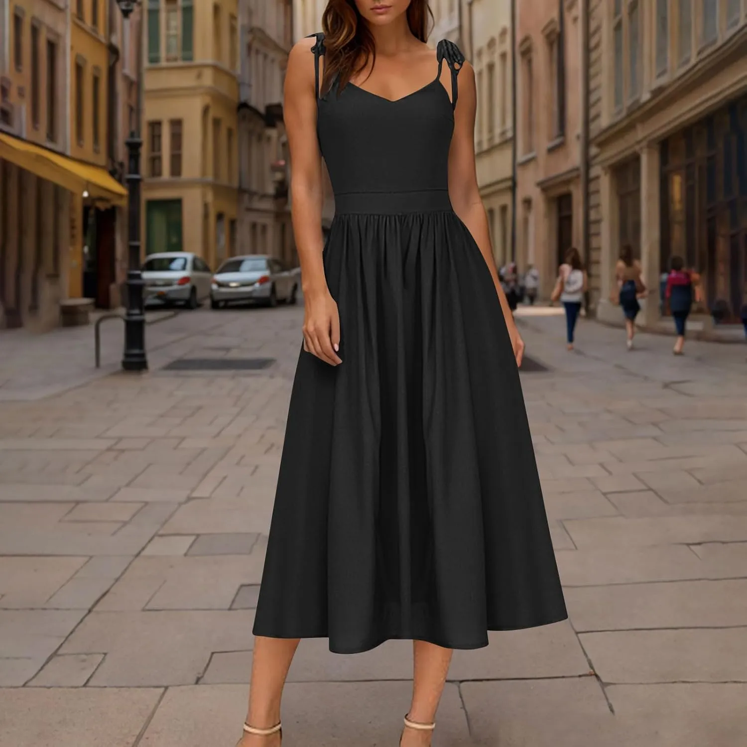 JOAU Women's Sleeveless V-Neck Maxi Dress Casual Summer Tie Spaghetti Strap Backless A-line Pleated Cami Dresses for Vacation