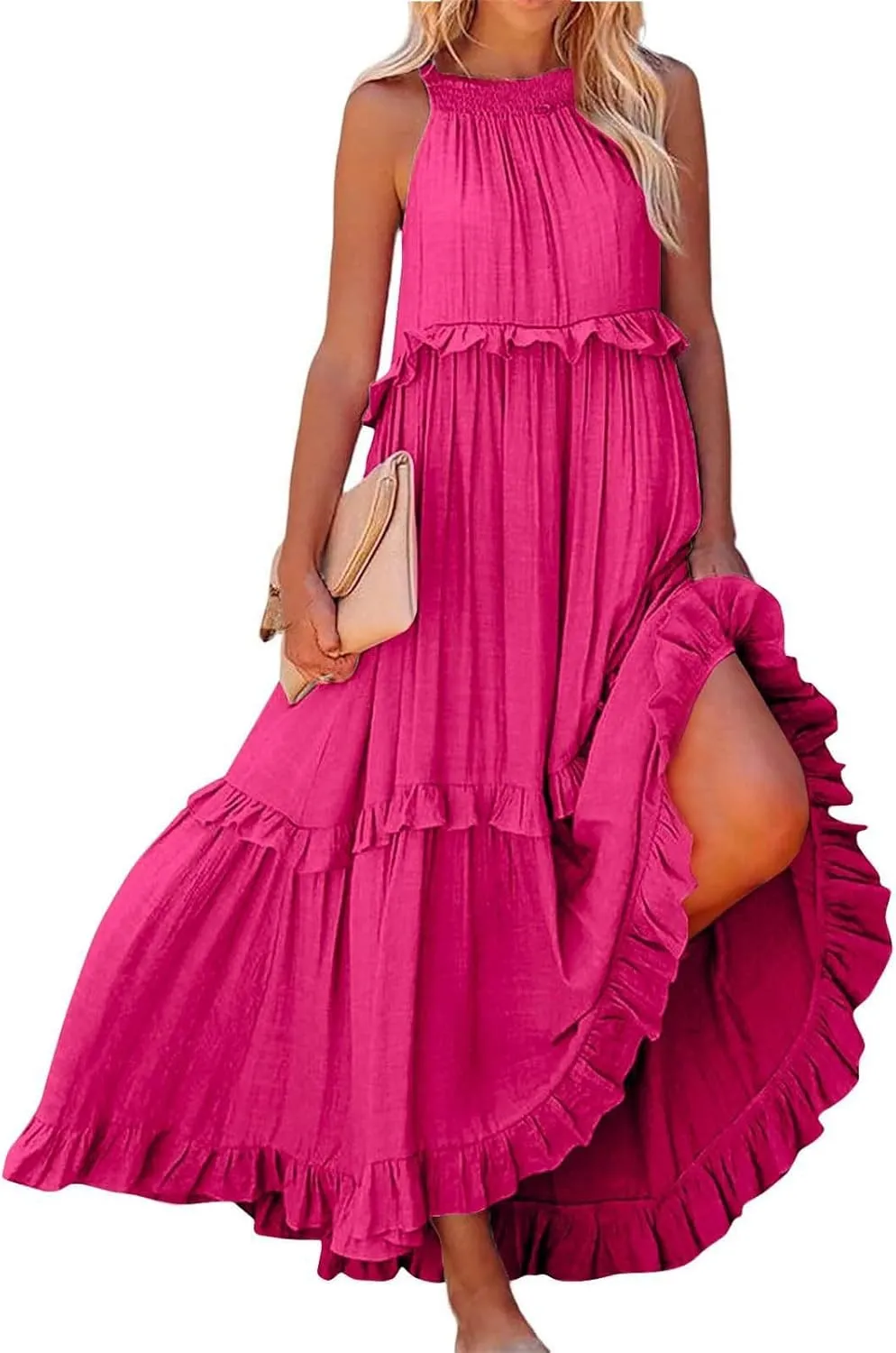 JOAU Womens Summer Boho Beach Maxi Dress Halter Neck Cut Out Tie Back A-Line Tiered Ruffle Flowy Long Sundress with Pockets