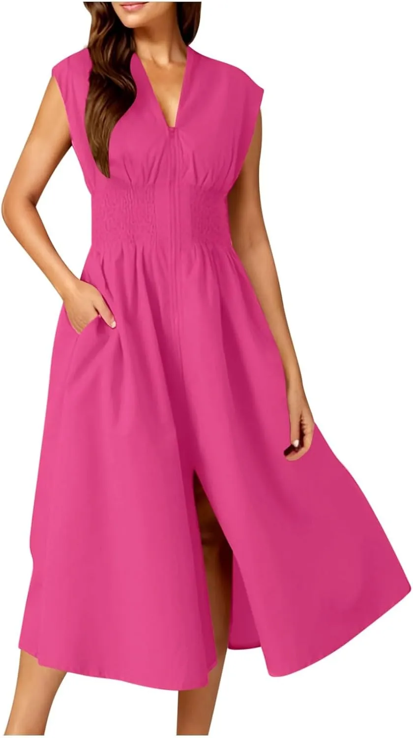 JOAU Womens Summer Casual V Neck Cap Sleeve Dress Smocked Elastic Waist Zipper Front Flowy Pleated Midi Dresses with Pockets