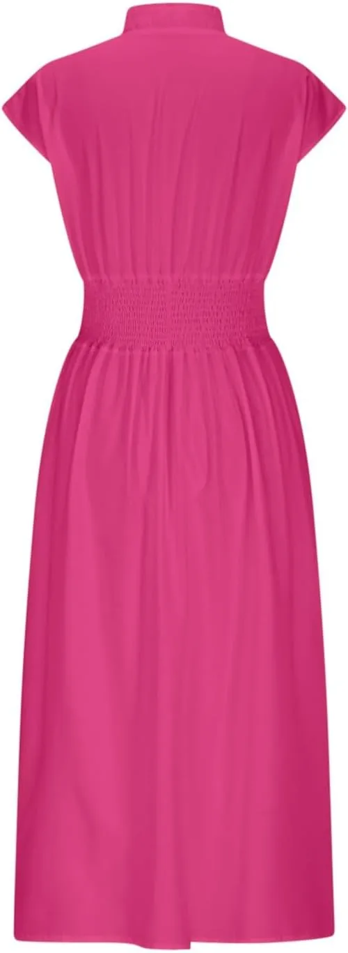 JOAU Womens Summer Casual V Neck Cap Sleeve Dress Smocked Elastic Waist Zipper Front Flowy Pleated Midi Dresses with Pockets