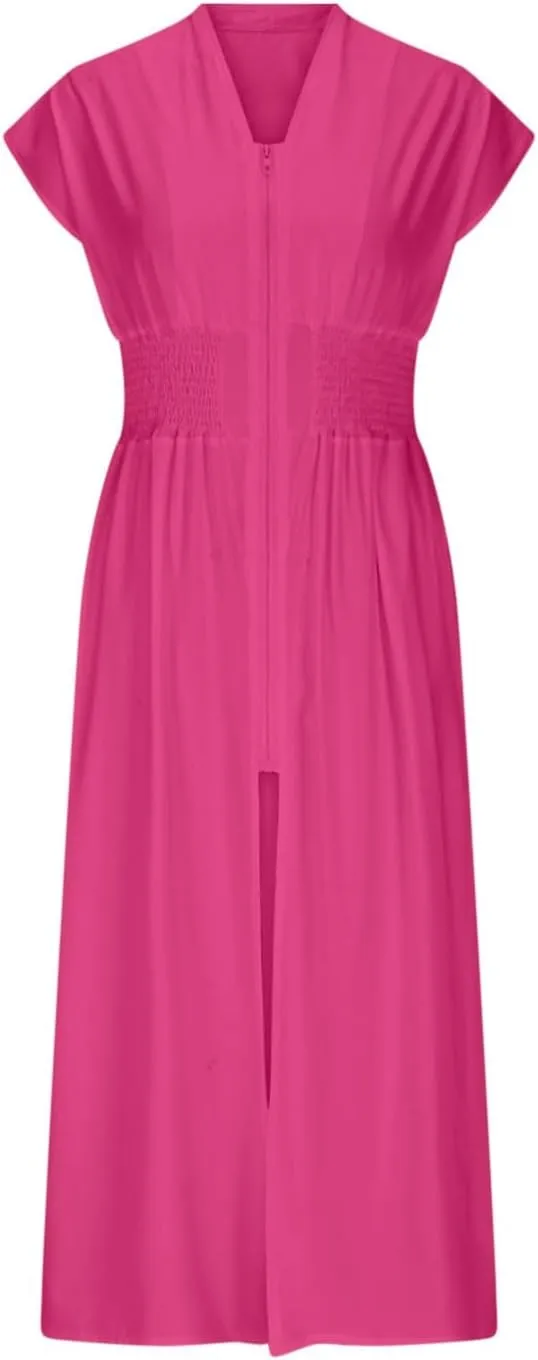 JOAU Womens Summer Casual V Neck Cap Sleeve Dress Smocked Elastic Waist Zipper Front Flowy Pleated Midi Dresses with Pockets