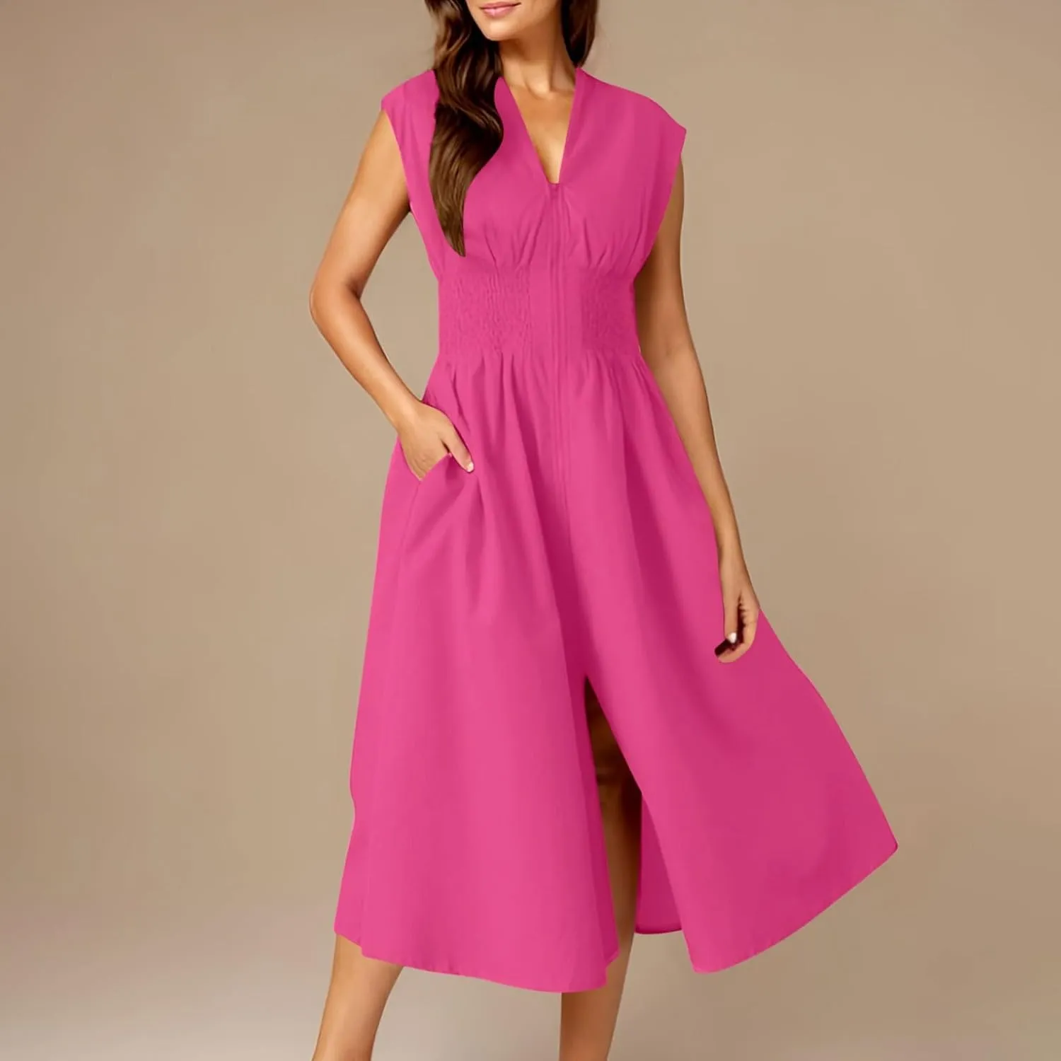 JOAU Womens Summer Casual V Neck Cap Sleeve Dress Smocked Elastic Waist Zipper Front Flowy Pleated Midi Dresses with Pockets