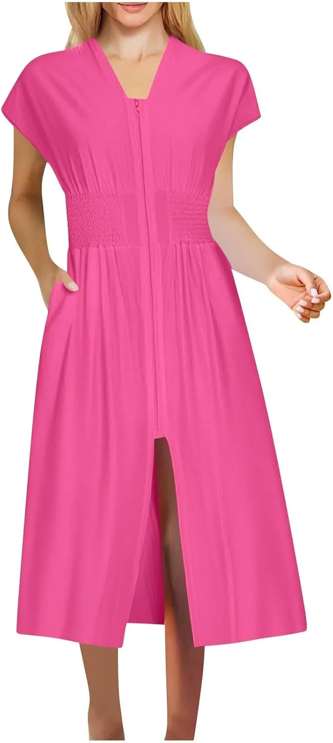 JOAU Womens Summer Casual V Neck Cap Sleeve Dress Smocked Elastic Waist Zipper Front Flowy Pleated Midi Dresses with Pockets