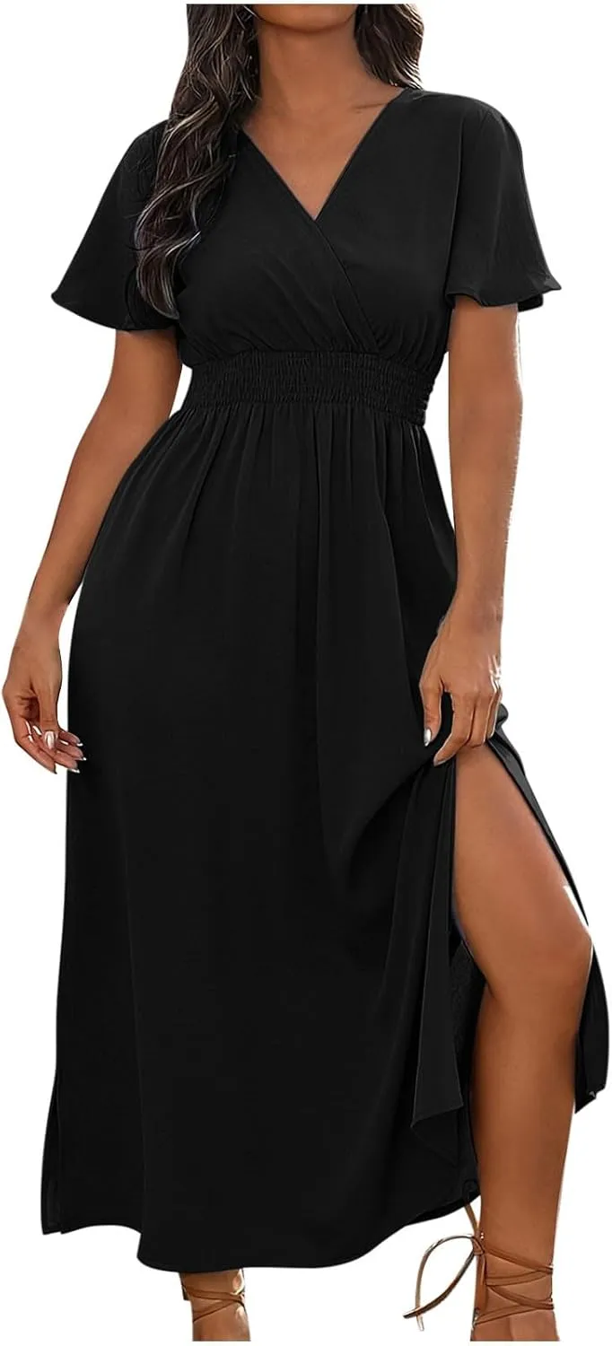 JOAU Women's Summer Ruffle Short Sleeve Casual Dresses Wrap V-Neck Smocked Empire Waist Party Side Slit Hem Beach Maxi Dress