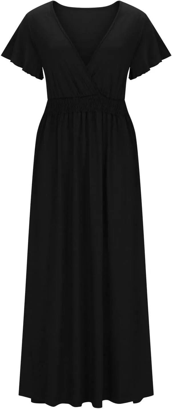 JOAU Women's Summer Ruffle Short Sleeve Casual Dresses Wrap V-Neck Smocked Empire Waist Party Side Slit Hem Beach Maxi Dress