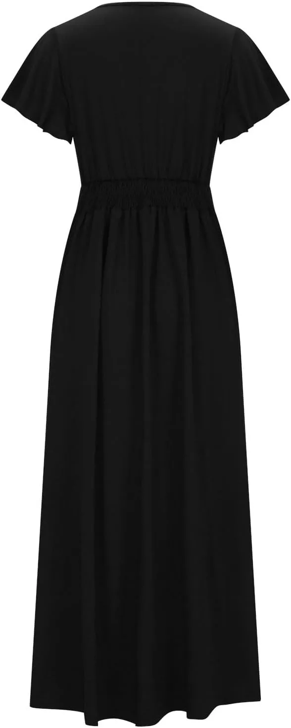 JOAU Women's Summer Ruffle Short Sleeve Casual Dresses Wrap V-Neck Smocked Empire Waist Party Side Slit Hem Beach Maxi Dress