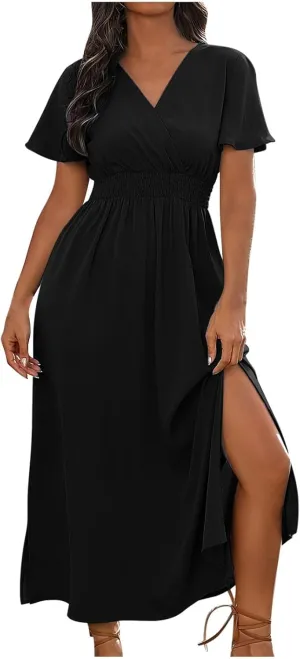 JOAU Women's Summer Ruffle Short Sleeve Casual Dresses Wrap V-Neck Smocked Empire Waist Party Side Slit Hem Beach Maxi Dress