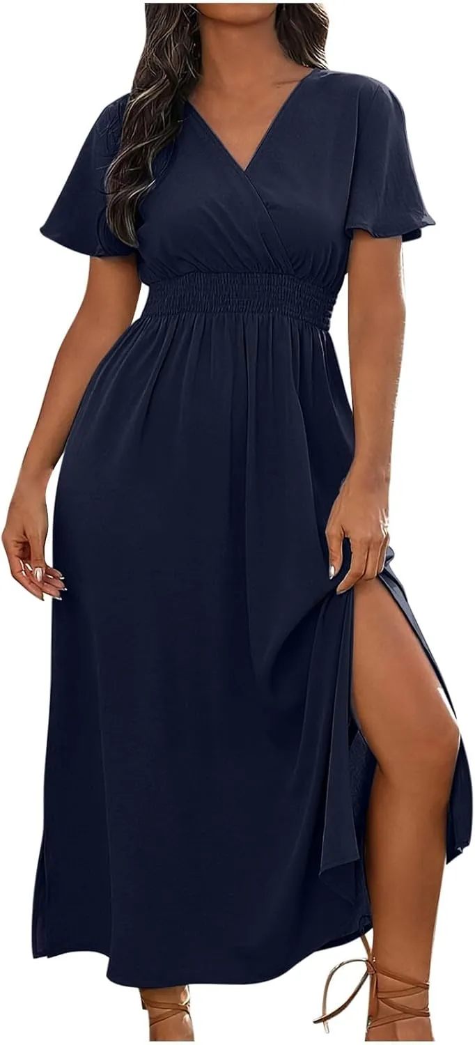 JOAU Women's Summer Ruffle Short Sleeve Casual Dresses Wrap V-Neck Smocked Empire Waist Party Side Slit Hem Beach Maxi Dress