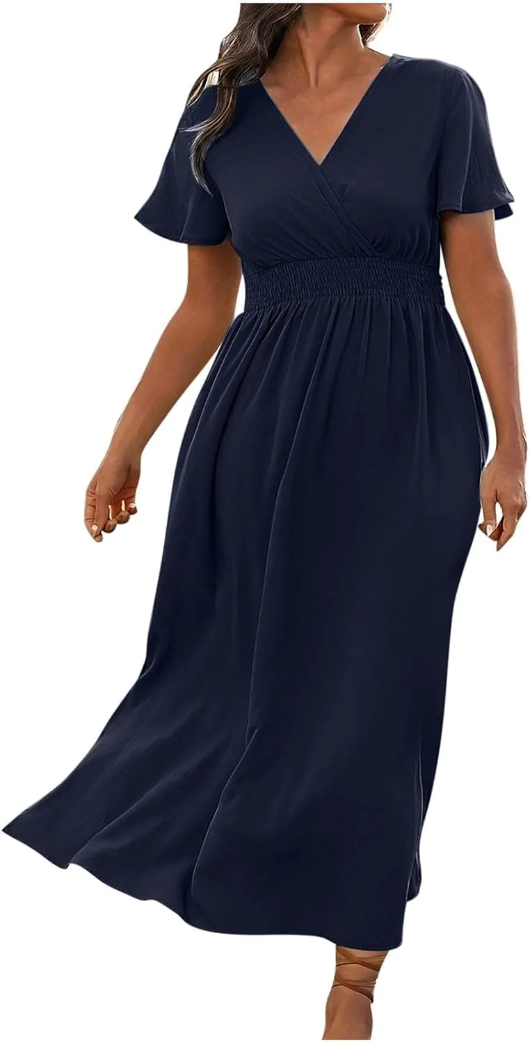 JOAU Women's Summer Ruffle Short Sleeve Casual Dresses Wrap V-Neck Smocked Empire Waist Party Side Slit Hem Beach Maxi Dress