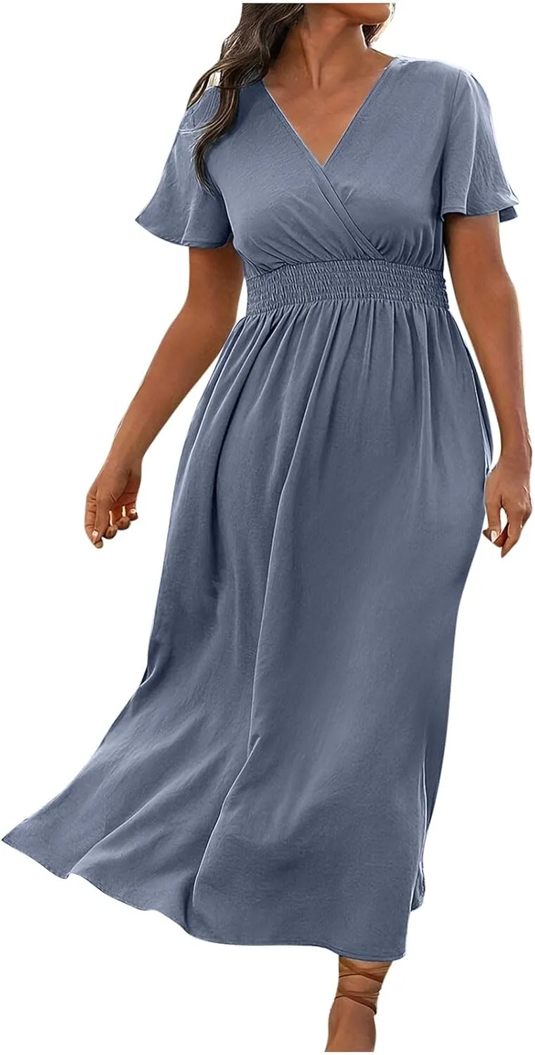 JOAU Women's Summer Ruffle Short Sleeve Casual Dresses Wrap V-Neck Smocked Empire Waist Party Side Slit Hem Beach Maxi Dress