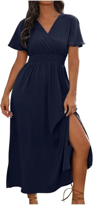 JOAU Women's Summer Ruffle Short Sleeve Casual Dresses Wrap V-Neck Smocked Empire Waist Party Side Slit Hem Beach Maxi Dress