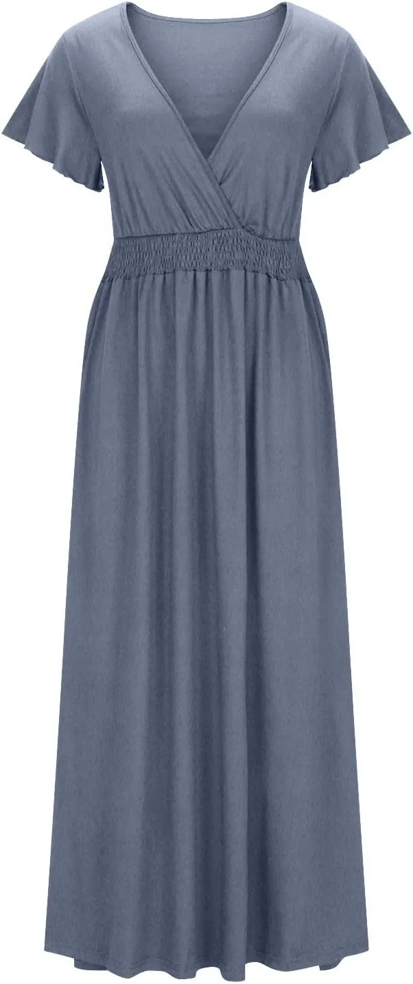 JOAU Women's Summer Ruffle Short Sleeve Casual Dresses Wrap V-Neck Smocked Empire Waist Party Side Slit Hem Beach Maxi Dress