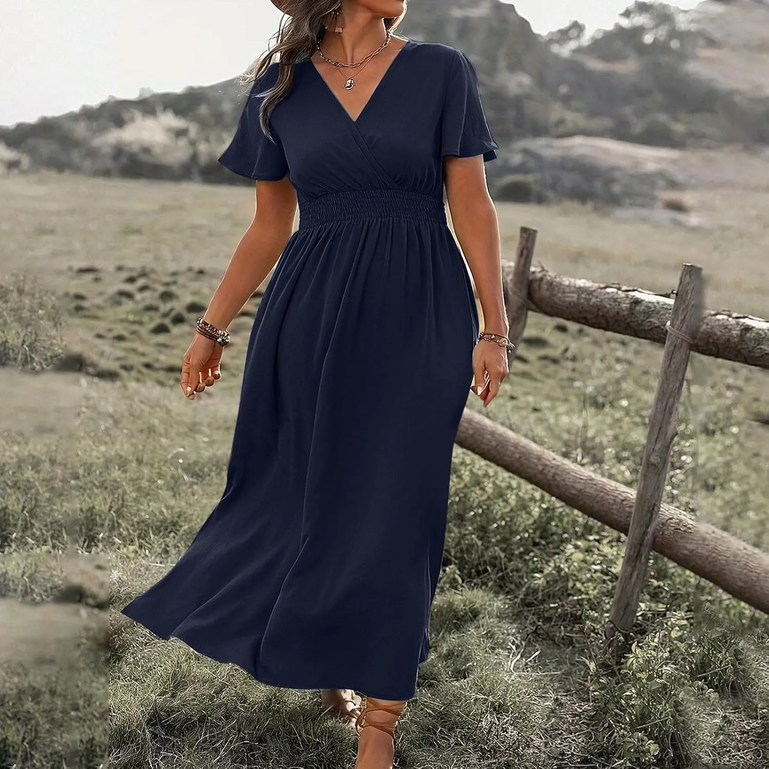 JOAU Women's Summer Ruffle Short Sleeve Casual Dresses Wrap V-Neck Smocked Empire Waist Party Side Slit Hem Beach Maxi Dress