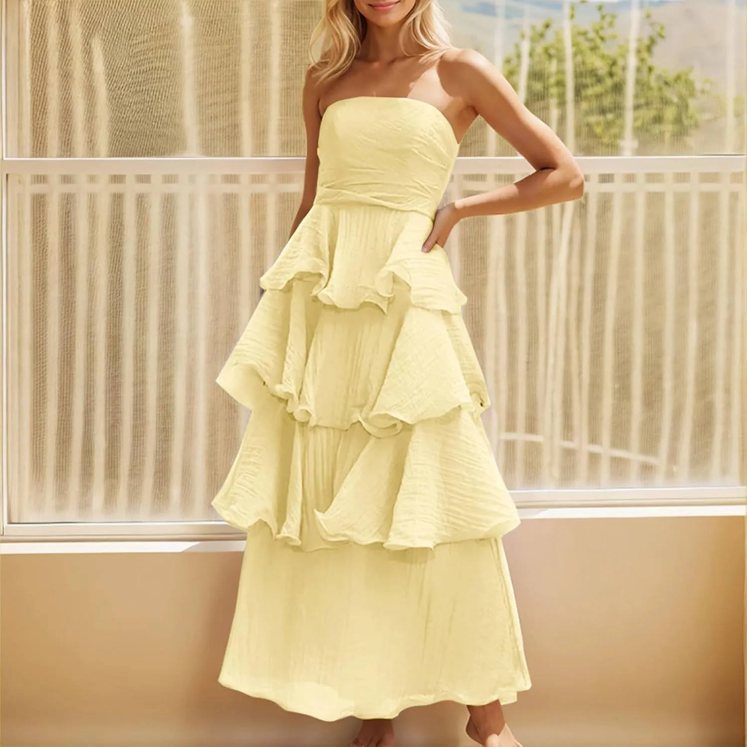 JOAU Women's Summer Sleeveless Strapless Maxi Dress Ruffle Tiered Smocked A-Line Wedding Guest Cocktail Party Long Dresses