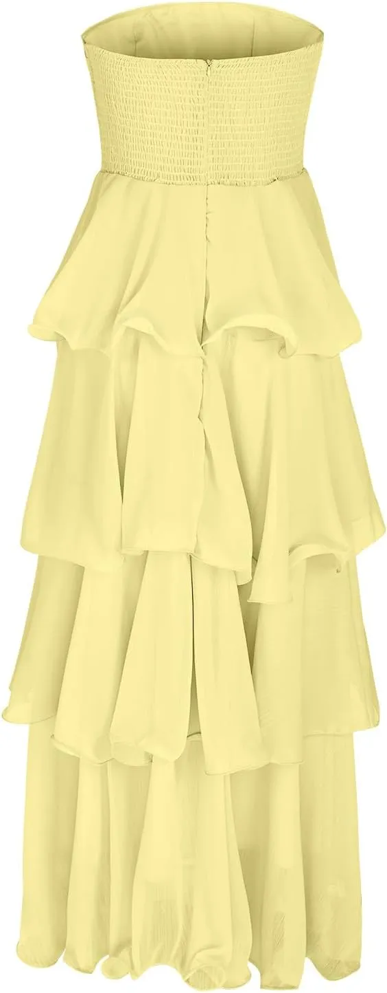 JOAU Women's Summer Sleeveless Strapless Maxi Dress Ruffle Tiered Smocked A-Line Wedding Guest Cocktail Party Long Dresses