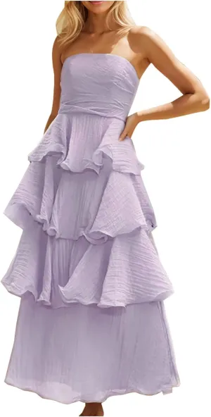 JOAU Women's Summer Sleeveless Strapless Maxi Dress Ruffle Tiered Smocked A-Line Wedding Guest Cocktail Party Long Dresses