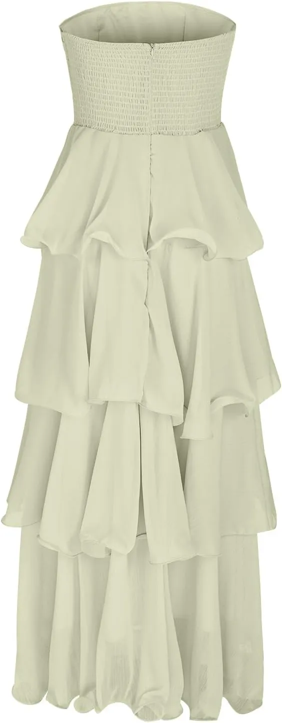 JOAU Women's Summer Sleeveless Strapless Maxi Dress Ruffle Tiered Smocked A-Line Wedding Guest Cocktail Party Long Dresses