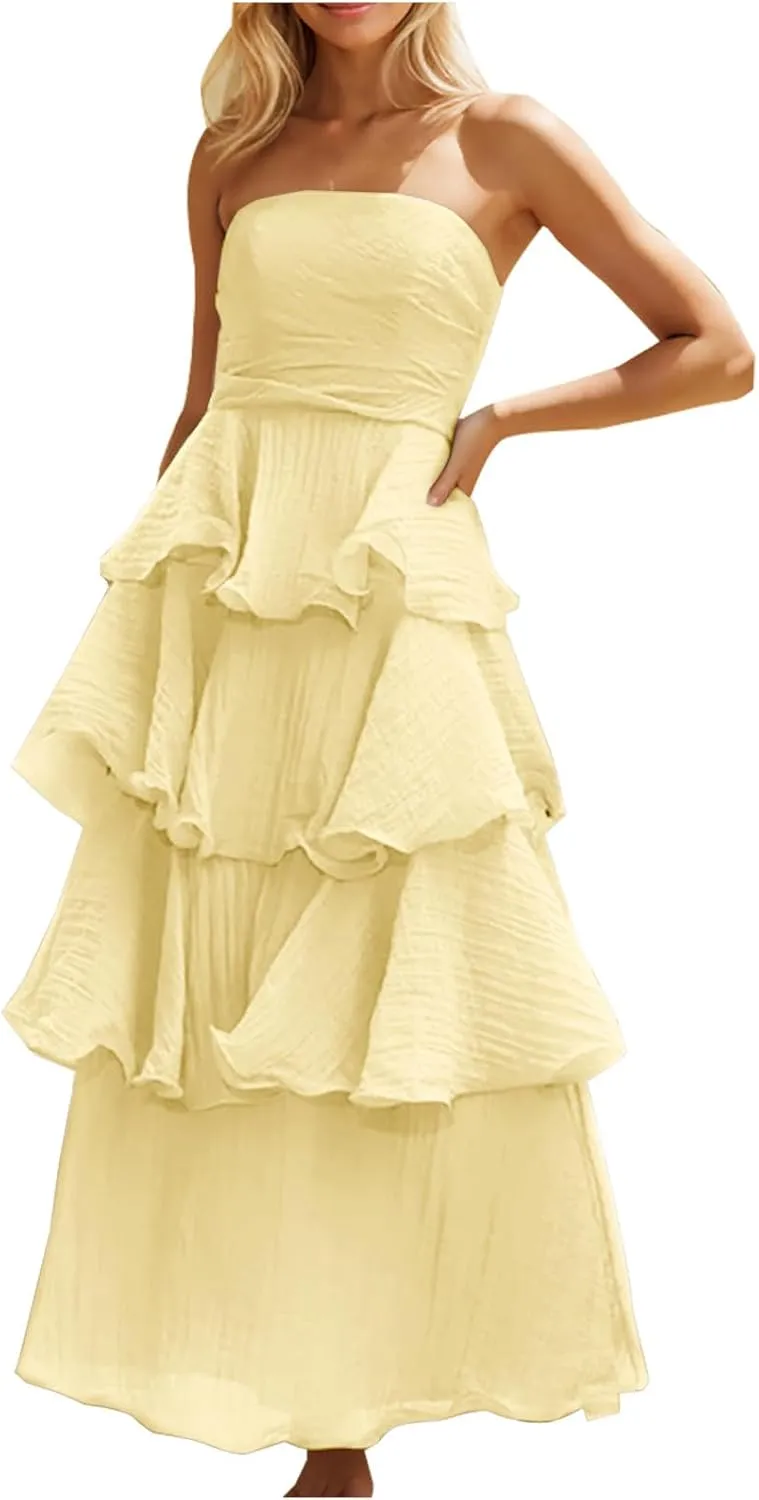 JOAU Women's Summer Sleeveless Strapless Maxi Dress Ruffle Tiered Smocked A-Line Wedding Guest Cocktail Party Long Dresses