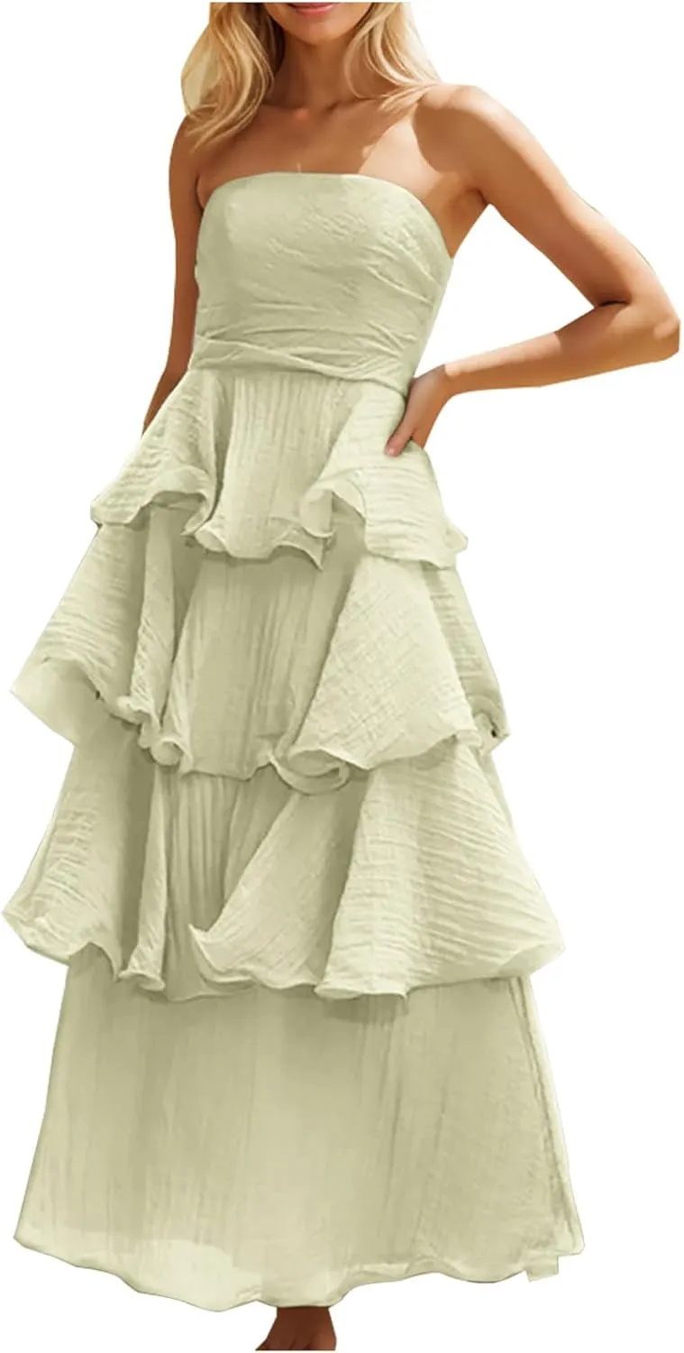 JOAU Women's Summer Sleeveless Strapless Maxi Dress Ruffle Tiered Smocked A-Line Wedding Guest Cocktail Party Long Dresses