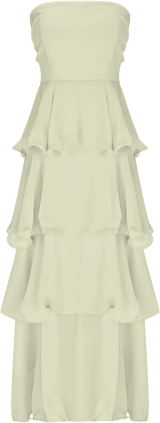 JOAU Women's Summer Sleeveless Strapless Maxi Dress Ruffle Tiered Smocked A-Line Wedding Guest Cocktail Party Long Dresses
