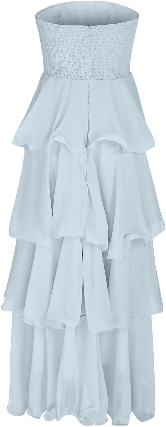 JOAU Women's Summer Sleeveless Strapless Maxi Dress Ruffle Tiered Smocked A-Line Wedding Guest Cocktail Party Long Dresses