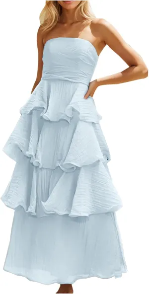 JOAU Women's Summer Sleeveless Strapless Maxi Dress Ruffle Tiered Smocked A-Line Wedding Guest Cocktail Party Long Dresses