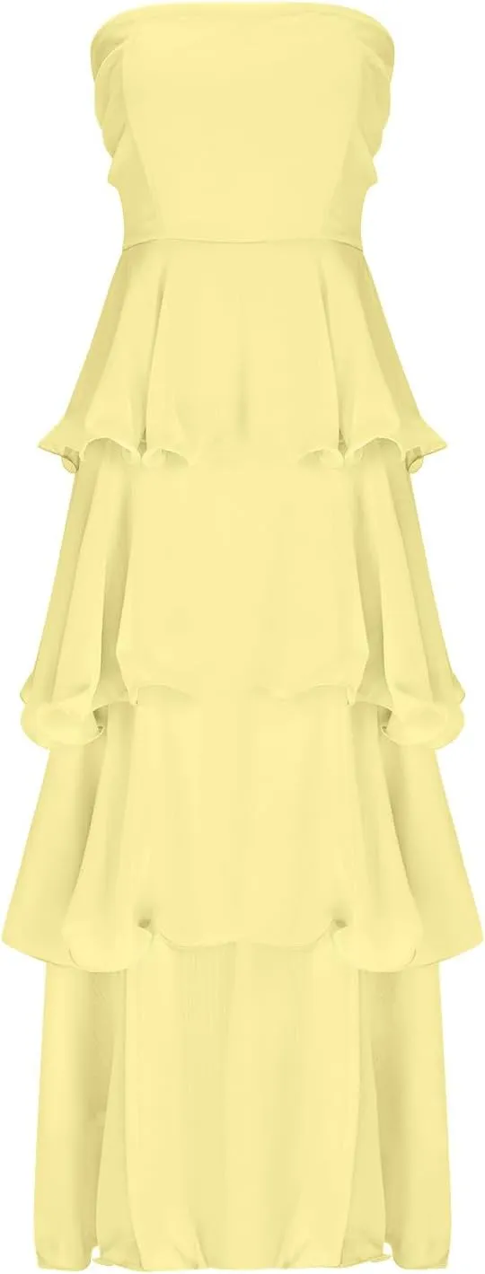 JOAU Women's Summer Sleeveless Strapless Maxi Dress Ruffle Tiered Smocked A-Line Wedding Guest Cocktail Party Long Dresses