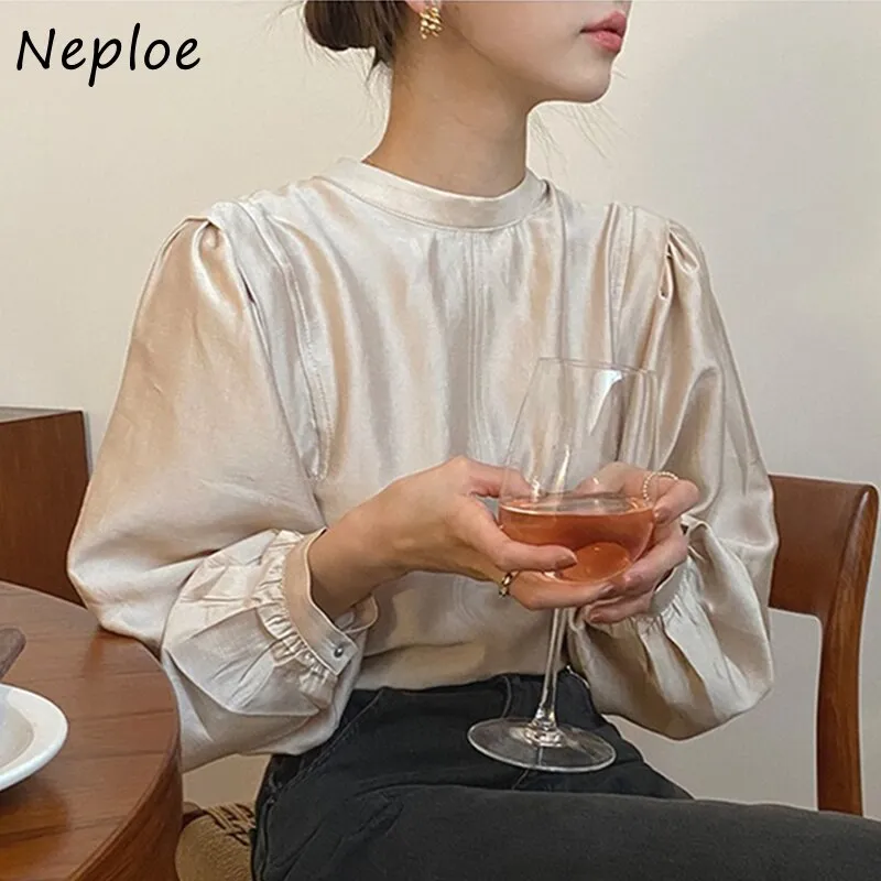 Joskaa Christmas Gift Fall 2024 New Temperament Gloss Blouses Women Stand Collar Fold Design Blusas Female Puff Sleeve Shirt Top Vero Moda
