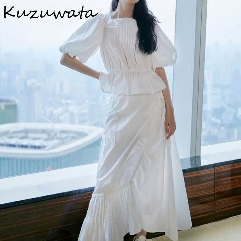 Joskaa Christmas Gift Kuzuwata Square Collar Back Bowknot Bandage Puff Sleeve Slim Waist Blouses Irregular Folds Skirts 2024 Summer New Women Clothes