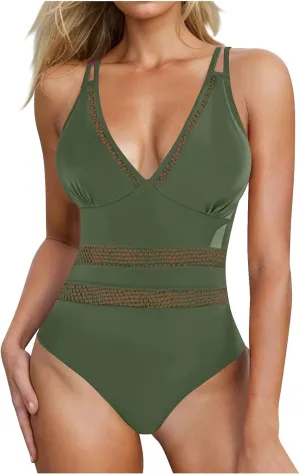 jsaierl Womens Sexy Hollow Out One Piece Swimsuits Deep V Neck Double Strap Backless 1 Piece Swimwear Tummy Control Monokini