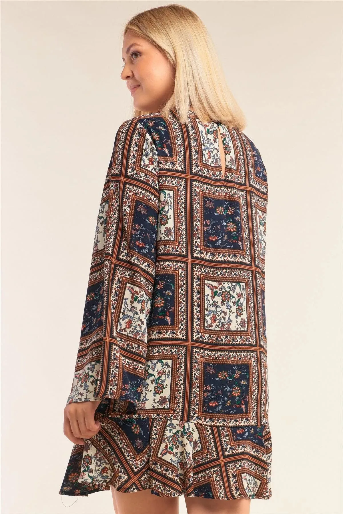 Junior Plus Size Navy Mix Loose Fit V-Neck Scarf Print Long Sleeve Flounce Hem Mini Dress /3-3-1