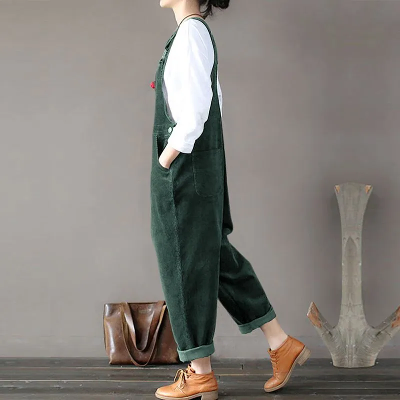 Kaftan Corduroy Overalls Womens Jumpsuits 2021 Autumn Harem Pants Casual Long Pantalon Palazzo Female Button Rompers Playsuit