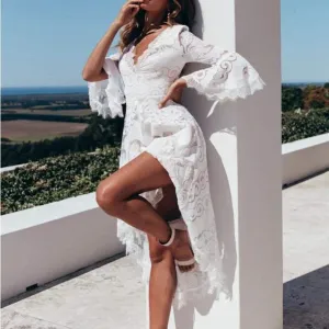 Lace Mesh Long Sleeve V-Neck Maxi Dress