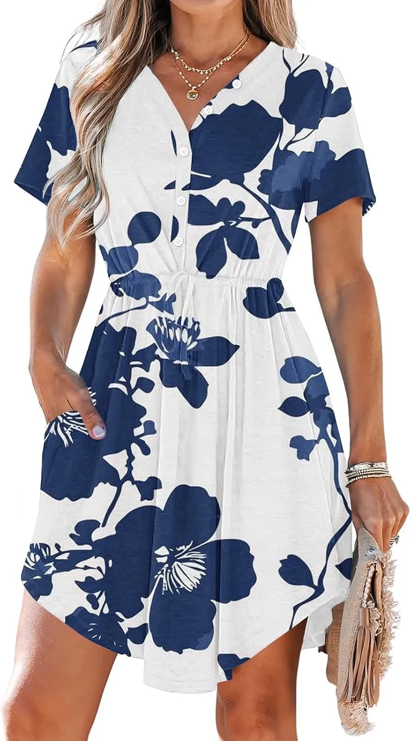 Ladies' V Neck Cape Short Sleeve Midi Dresses Flowy Drawstring Wrap Shirt Dress Belt Stylish Elegant Sundress for Summer