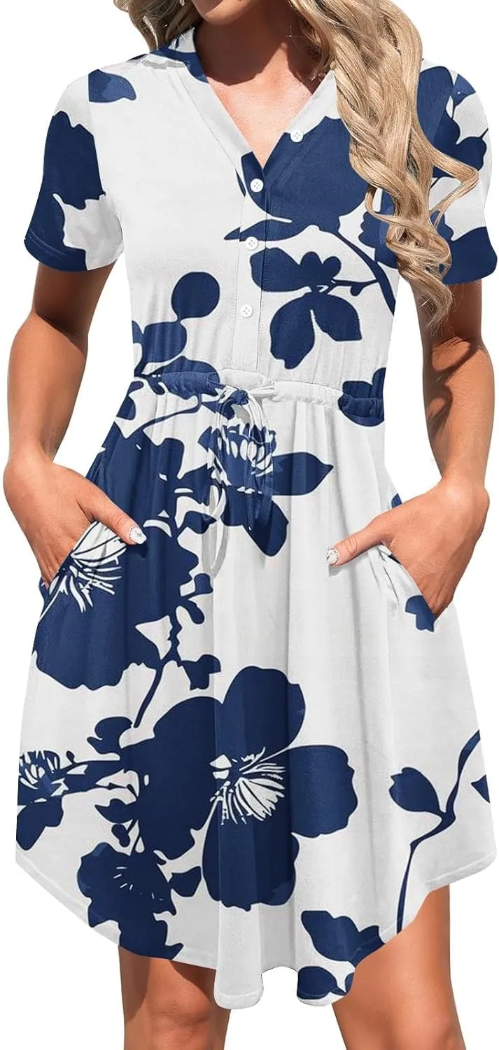 Ladies' V Neck Cape Short Sleeve Midi Dresses Flowy Drawstring Wrap Shirt Dress Belt Stylish Elegant Sundress for Summer