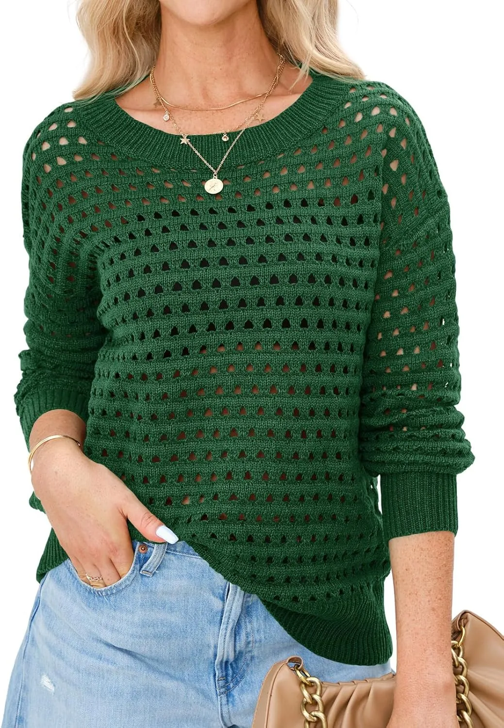 Langwyqu Womens Oversized Crochet Sweaters Trendy Sexy Knit Cotton Crew Neck Long Sleeve Hollow Out Pullover Cover Ups