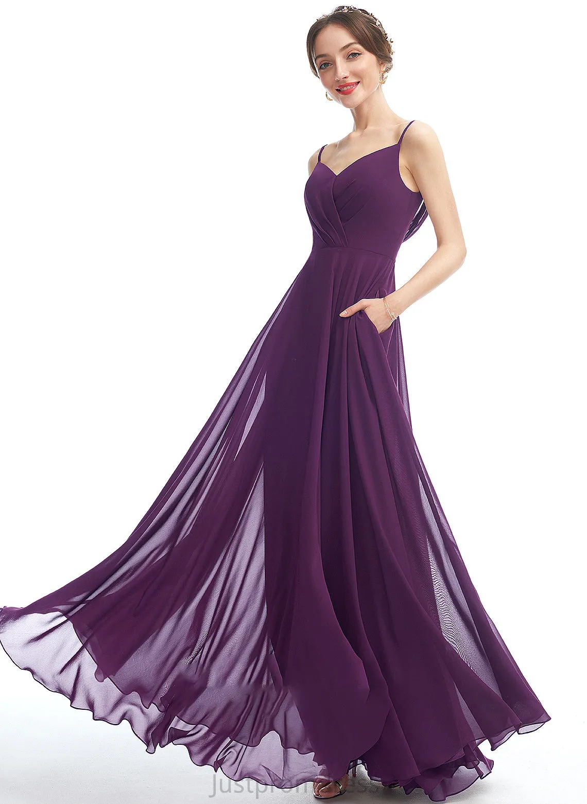 Length A-Line Neckline V-neck Floor-Length Silhouette Fabric Embellishment Pockets Katharine Natural Waist Halter Bridesmaid Dresses