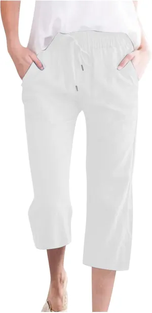 Linen Capri Pants for Women Summer Casual Capris Drawstring Waist Wide Leg Cropped Pant Plus Size Crop Trousers