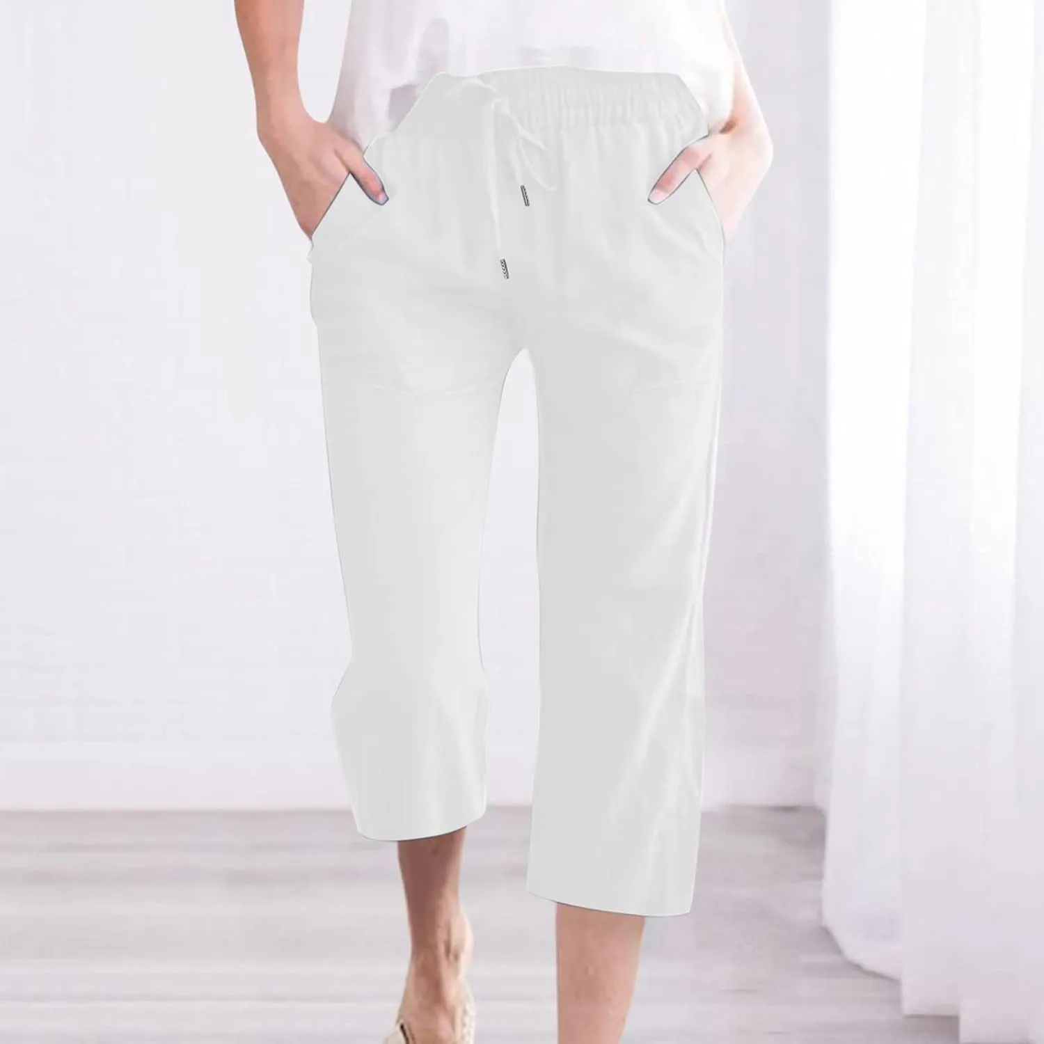 Linen Capri Pants for Women Summer Casual Capris Drawstring Waist Wide Leg Cropped Pant Plus Size Crop Trousers