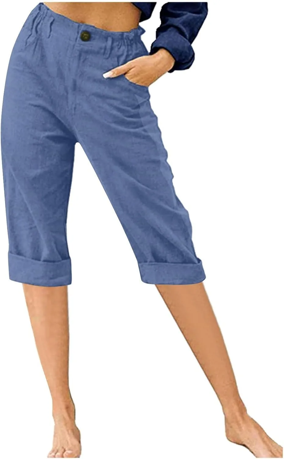 Linen Capri Pants for Women Trendy Summer Capris Solid Color Botton Cropped Pant with Pockets
