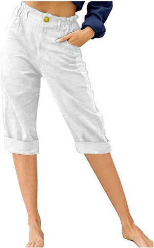 Linen Capri Pants for Women Trendy Summer Capris Solid Color Botton Cropped Pant with Pockets