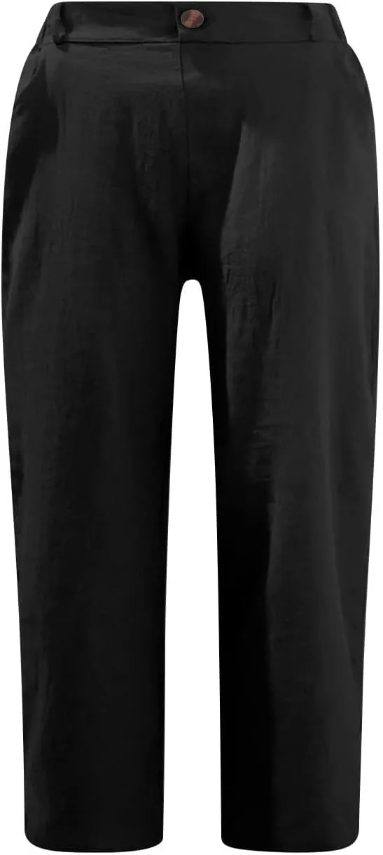 Linen Capri Pants for Women Trendy Summer Capris Solid Color Botton Cropped Pant with Pockets