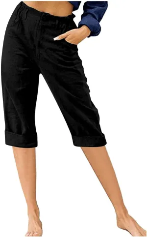 Linen Capri Pants for Women Trendy Summer Capris Solid Color Botton Cropped Pant with Pockets
