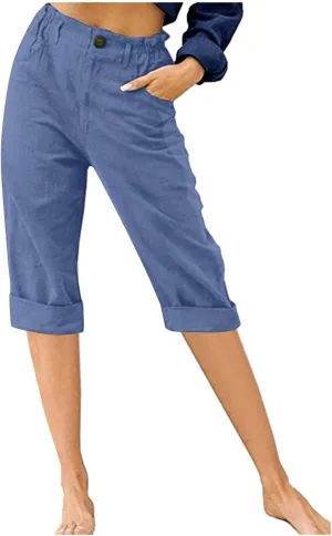Linen Capri Pants for Women Trendy Summer Capris Solid Color Botton Cropped Pant with Pockets