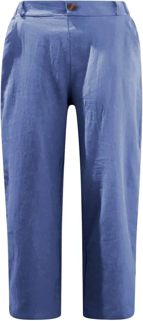 Linen Capri Pants for Women Trendy Summer Capris Solid Color Botton Cropped Pant with Pockets