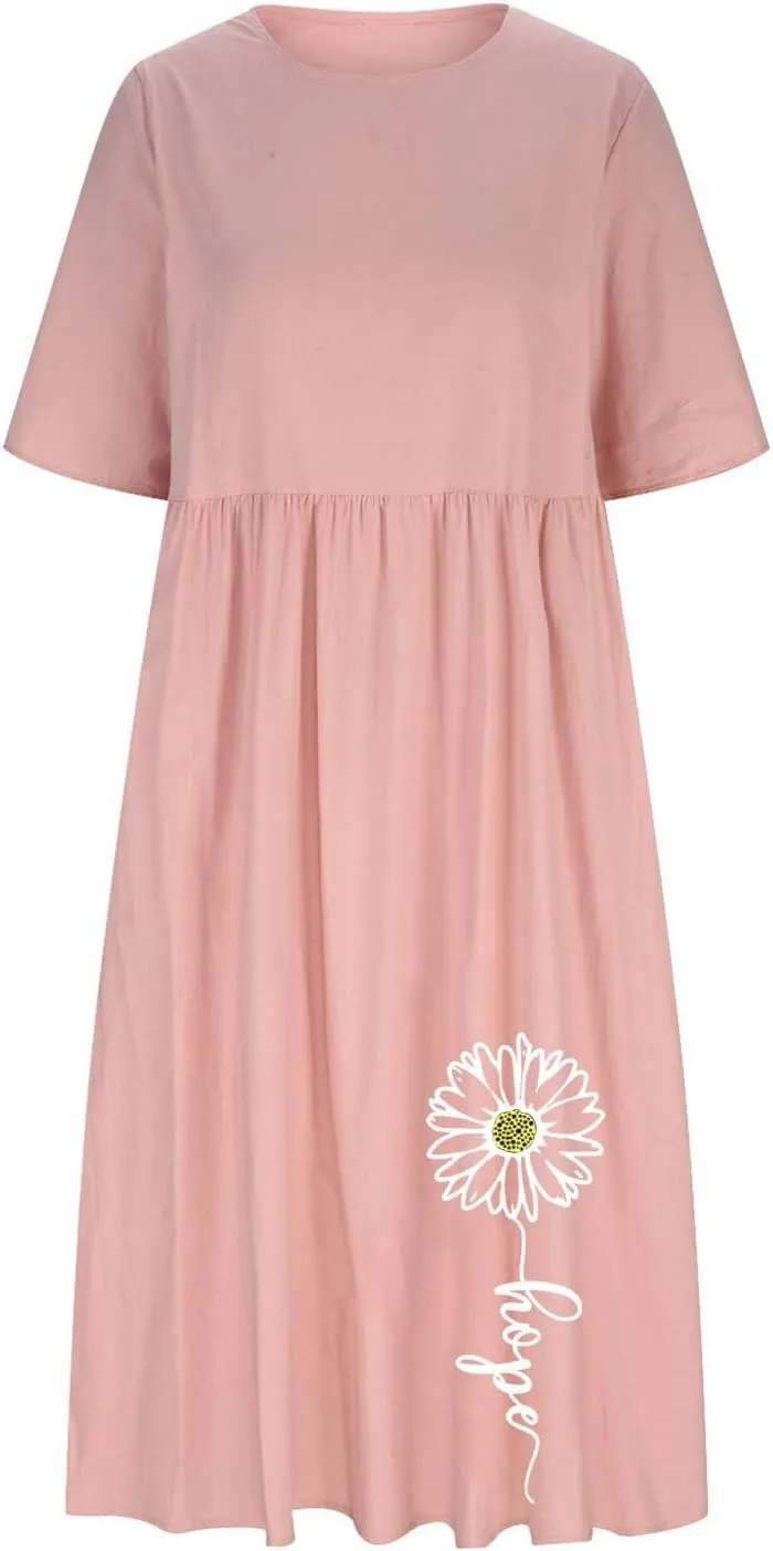Linen Dress for Women 2025 Casual Short Sleeve Round Neck Midi Dress Summer Beach Vacation Dresses with Pockets