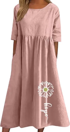 Linen Dress for Women 2025 Casual Short Sleeve Round Neck Midi Dress Summer Beach Vacation Dresses with Pockets