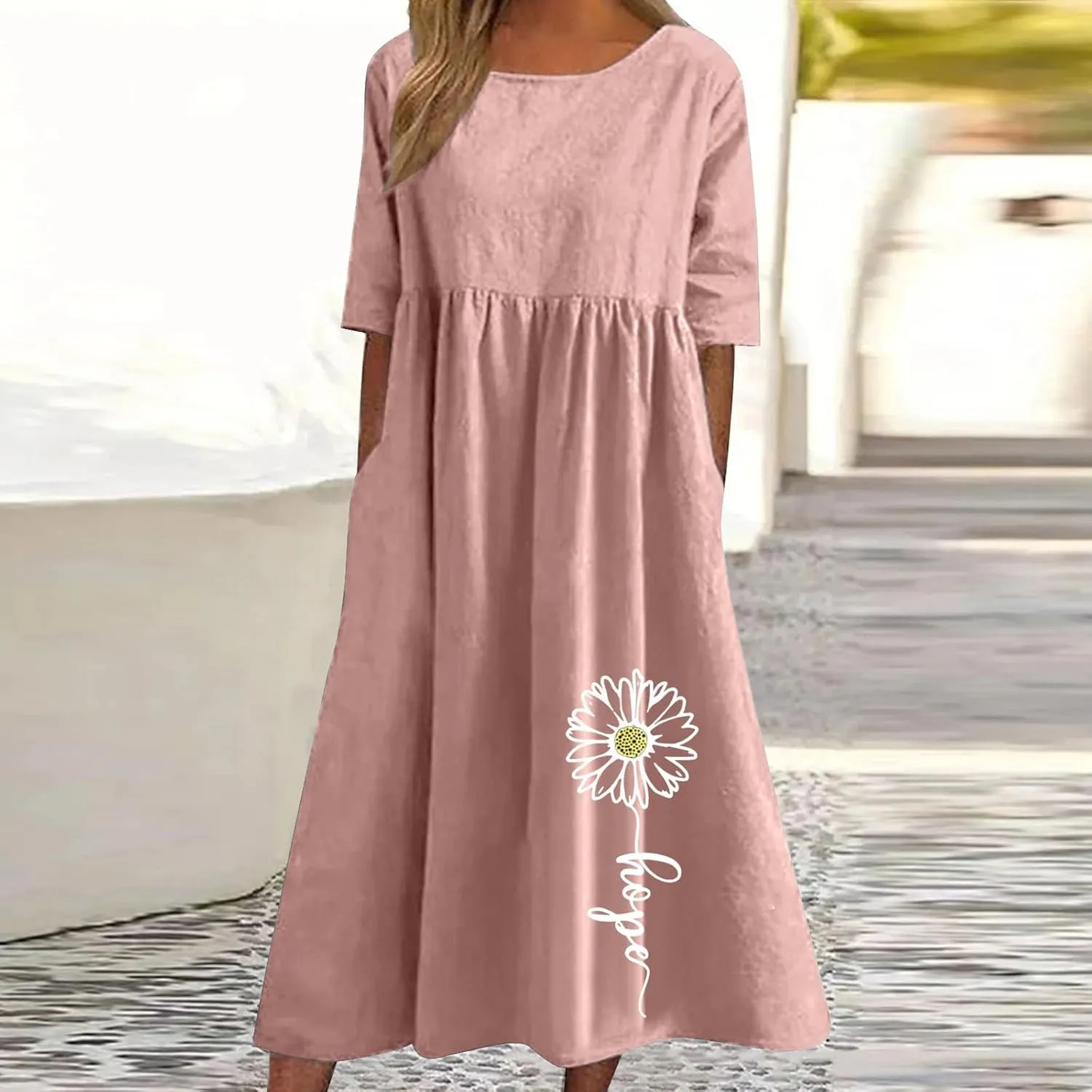 Linen Dress for Women 2025 Casual Short Sleeve Round Neck Midi Dress Summer Beach Vacation Dresses with Pockets