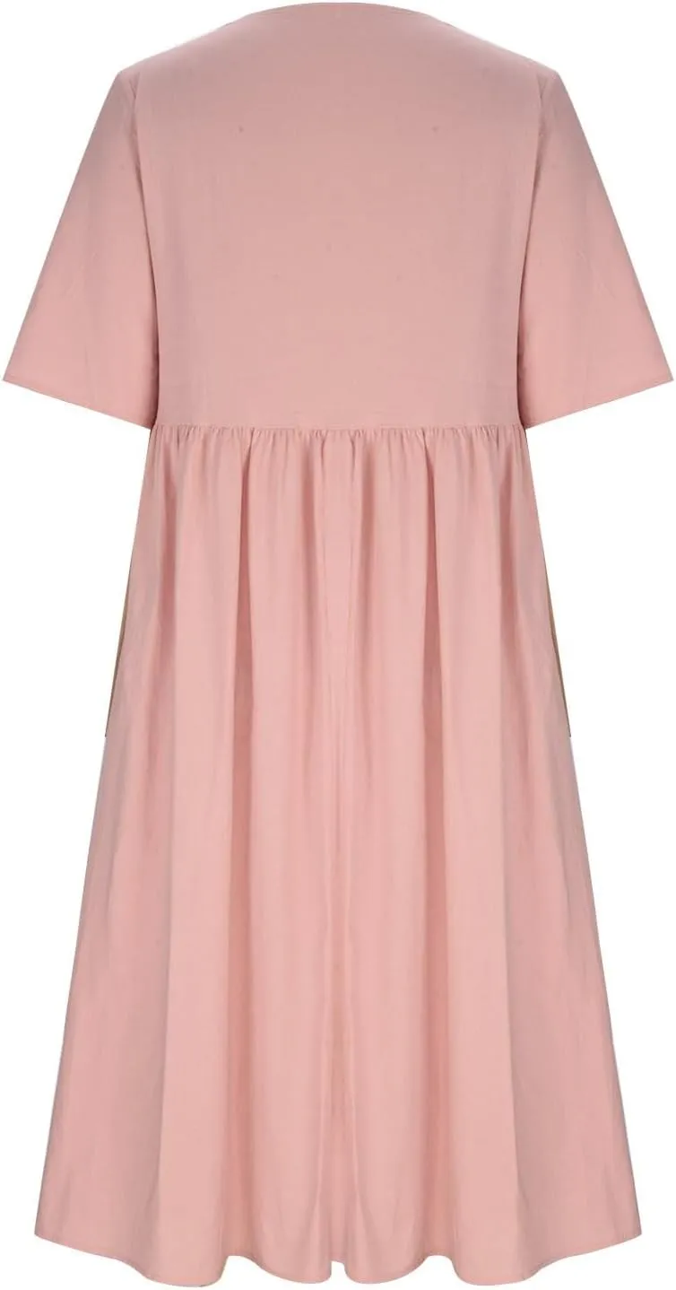 Linen Dress for Women 2025 Casual Short Sleeve Round Neck Midi Dress Summer Beach Vacation Dresses with Pockets