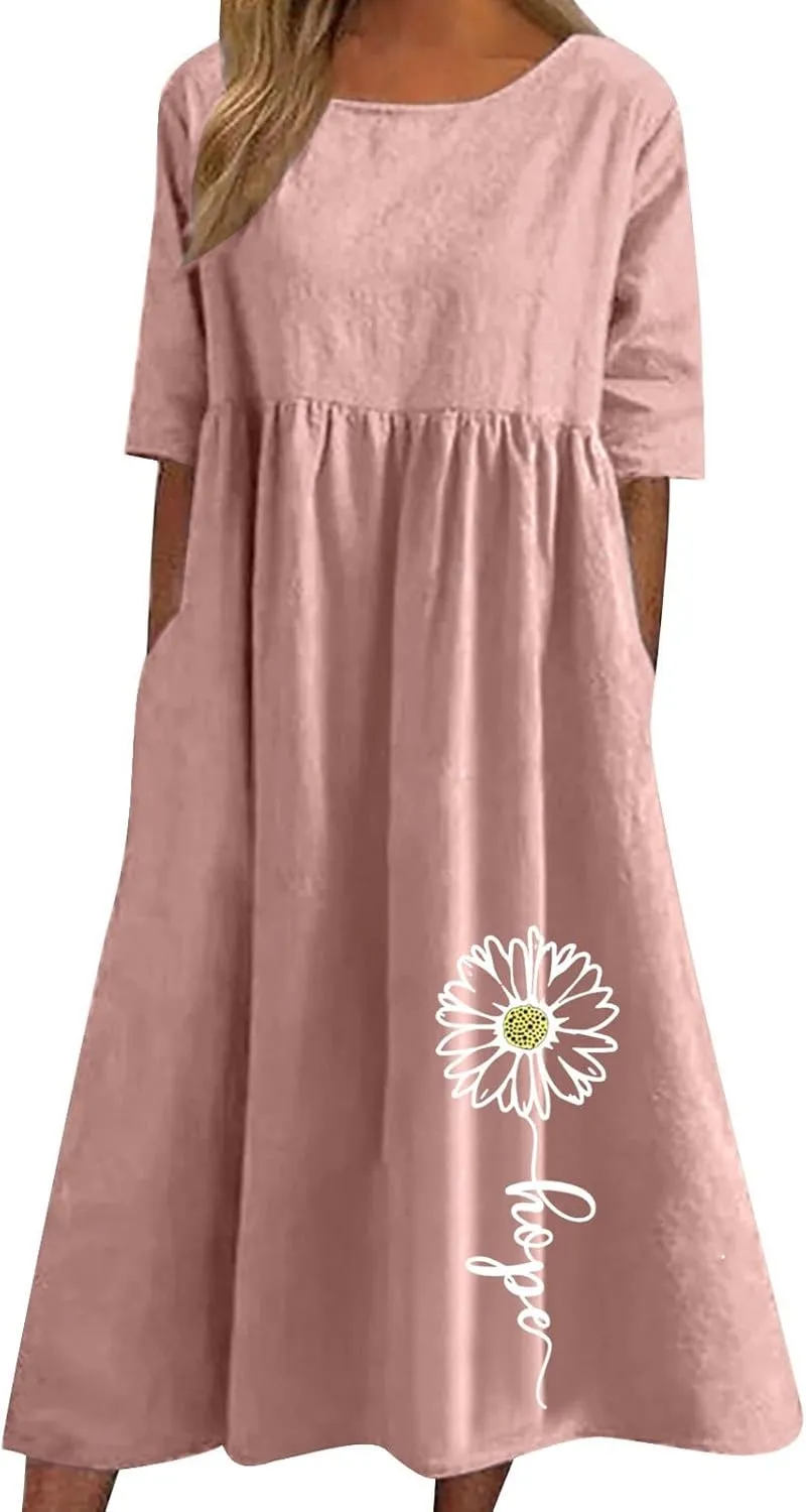 Linen Dress for Women 2025 Casual Short Sleeve Round Neck Midi Dress Summer Beach Vacation Dresses with Pockets